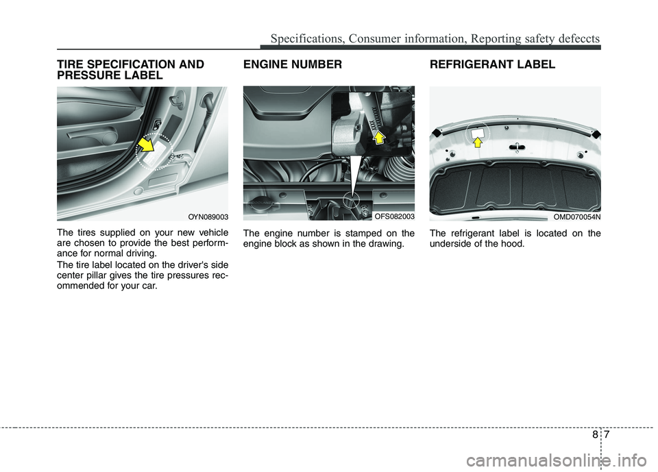 HYUNDAI VELOSTER 2012  Owners Manual 87
Specifications, Consumer information, Reporting safety defeccts
TIRE SPECIFICATION AND
PRESSURE LABEL
The tires supplied on your new vehicle
are chosen to provide the best perform-
ance for normal 