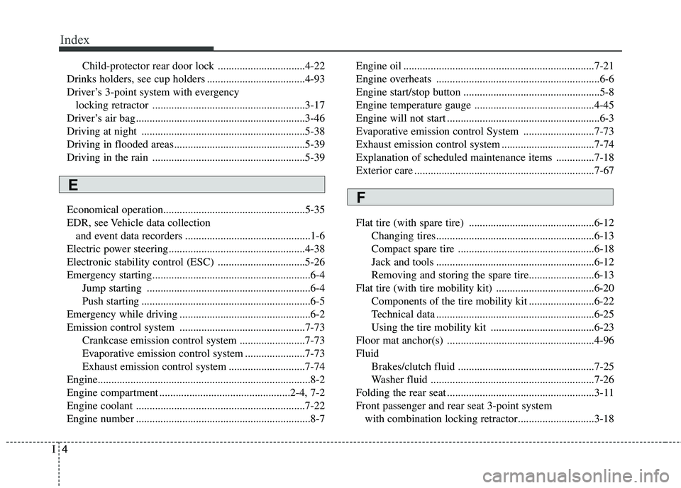 HYUNDAI VELOSTER 2012  Owners Manual Index
4I
Child-protector rear door lock ................................4-22
Drinks holders, see cup holders ....................................4-93
Driver’s 3-point system with evergency 
locking 