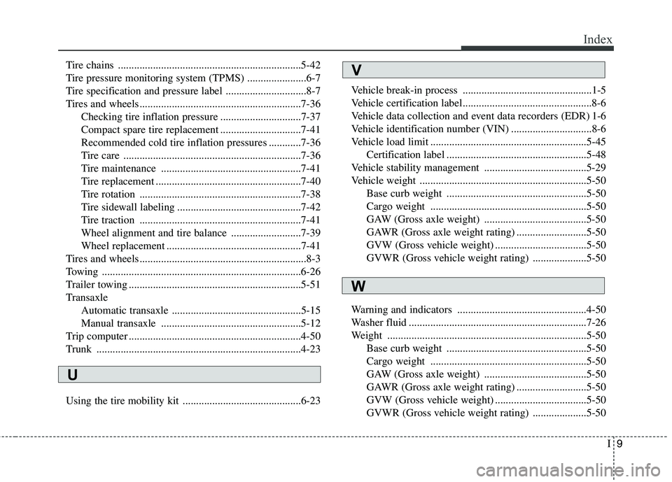 HYUNDAI VELOSTER 2012  Owners Manual I9
Index
Tire chains ....................................................................5-42
Tire pressure monitoring system (TPMS) ......................6-7
Tire specification and pressure label ...