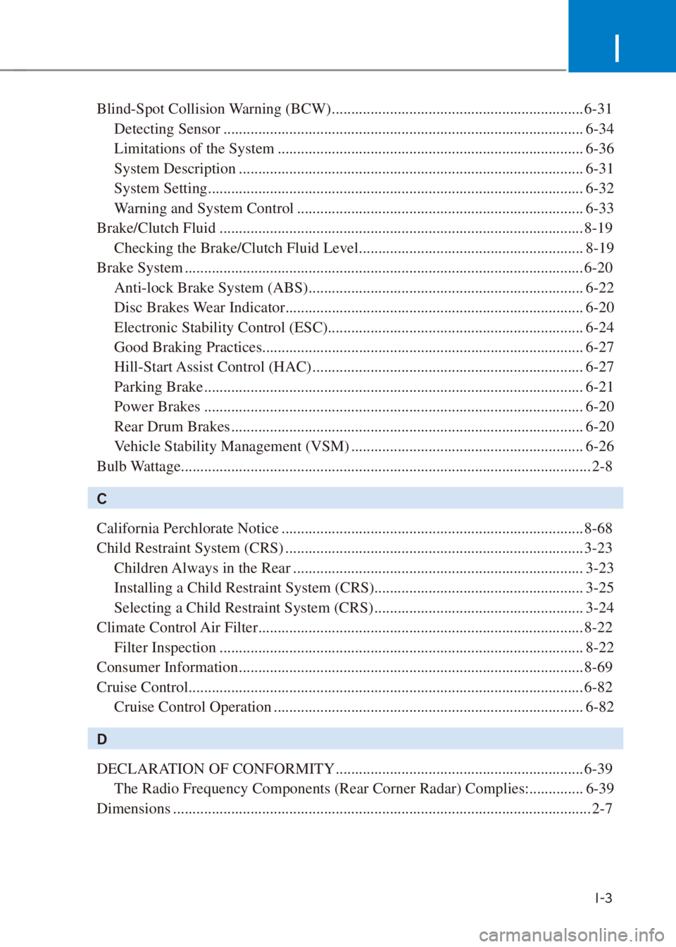 HYUNDAI VENUE 2023  Owners Manual I
I-3
Blind-Spot Collision Warning (BCW) ................................................................. 6-31Detecting Sensor ........................................................................