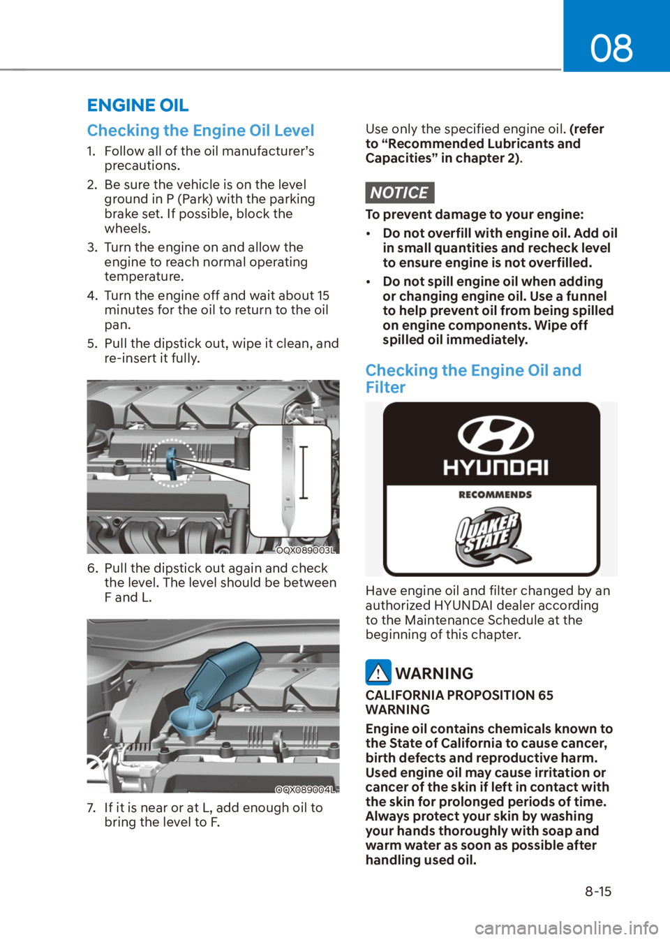 HYUNDAI VENUE 2022 Owners Manual 08
8-15
Checking the Engine Oil Level
1. Follow all of the oil manufacturer’s
precautions.
2. Be sure the vehicle is on the level
ground in P (Park) with the parking
brake set. If possible, blo HYUNDAI VENUE 2022 Owners Manual 08
8-15
Checking the Engine Oil Level
1. Follow all of the oil manufacturer’s
precautions.
2. Be sure the vehicle is on the level
ground in P (Park) with the parking
brake set. If possible, blo
