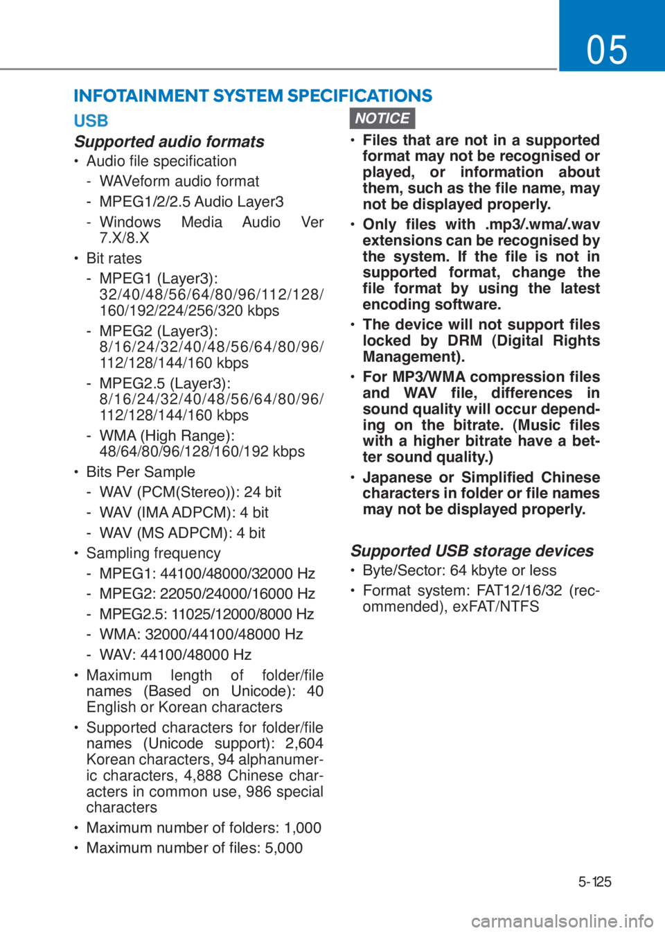HYUNDAI I10 2023  Owners Manual 5-125
05
USB
Supported audio formats
�‡�Audio file specification
-  WAVeform audio format
�� �0�3�(�*���������$�X�G�L�R��/�D�\�H�U�
-  Windows Media Audio Ver 
7.X/8.X
�‡�Bit rates
�
