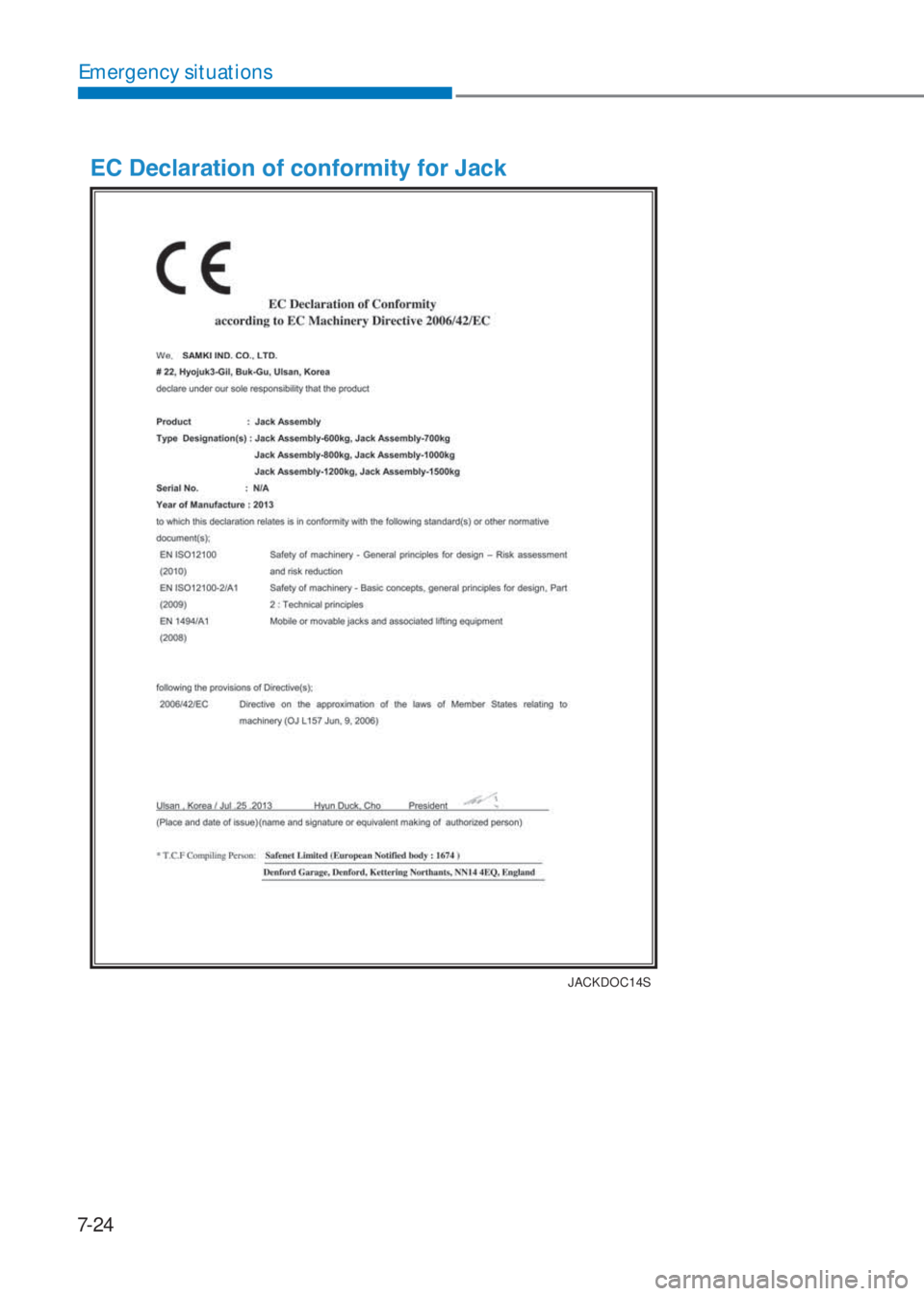 HYUNDAI I10 2023  Owners Manual 7-24
Emergency situations
�(�&���H�F�O�D�U�D�W�L�R�Q��R�I��F�R�Q�I�R�U�P�L�W�\��I�R�U��-�D�F�N
JACKDOC14S 