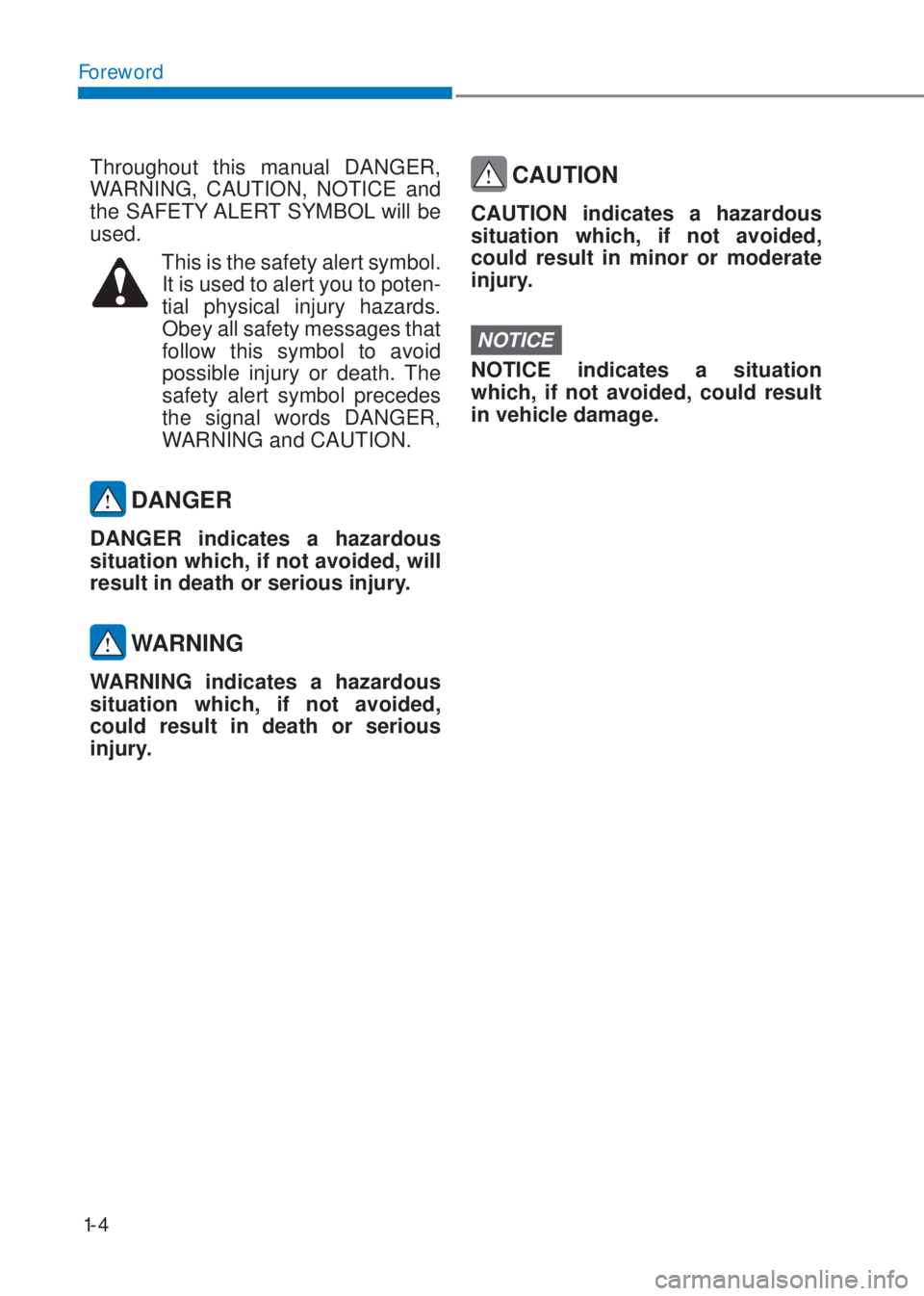 HYUNDAI I10 2023  Owners Manual 1-4
Foreword
Throughout this manual DANGER, 
WARNING, CAUTION, NOTICE and 
the SAFETY ALERT SYMBOL will be 
used.
 
This is the safety alert symbol. 
It is used to alert you to poten-
tial physical in