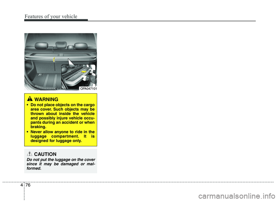 HYUNDAI I10 2011  Owners Manual OPA047101
WARNING
 Do not place objects on the cargo area cover. Such objects may be 
thrown about inside the vehicle
and possibly injure vehicle occu-pants during an accident or whenbraking.
 Never a