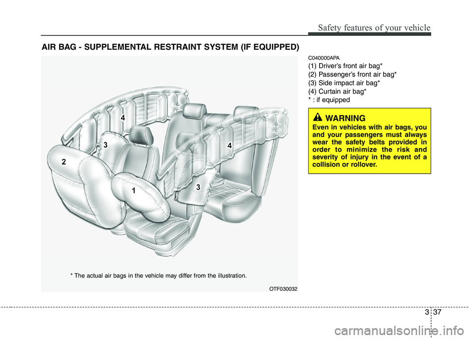HYUNDAI I10 2011  Owners Manual 337
Safety features of your vehicle
C040000APA 
(1) Driver’s front air bag*
(2) Passenger’s front air bag*(3) Side impact air bag*
(4) Curtain air bag*
* : if equipped
AIR BAG - SUPPLEMENTAL RESTR
