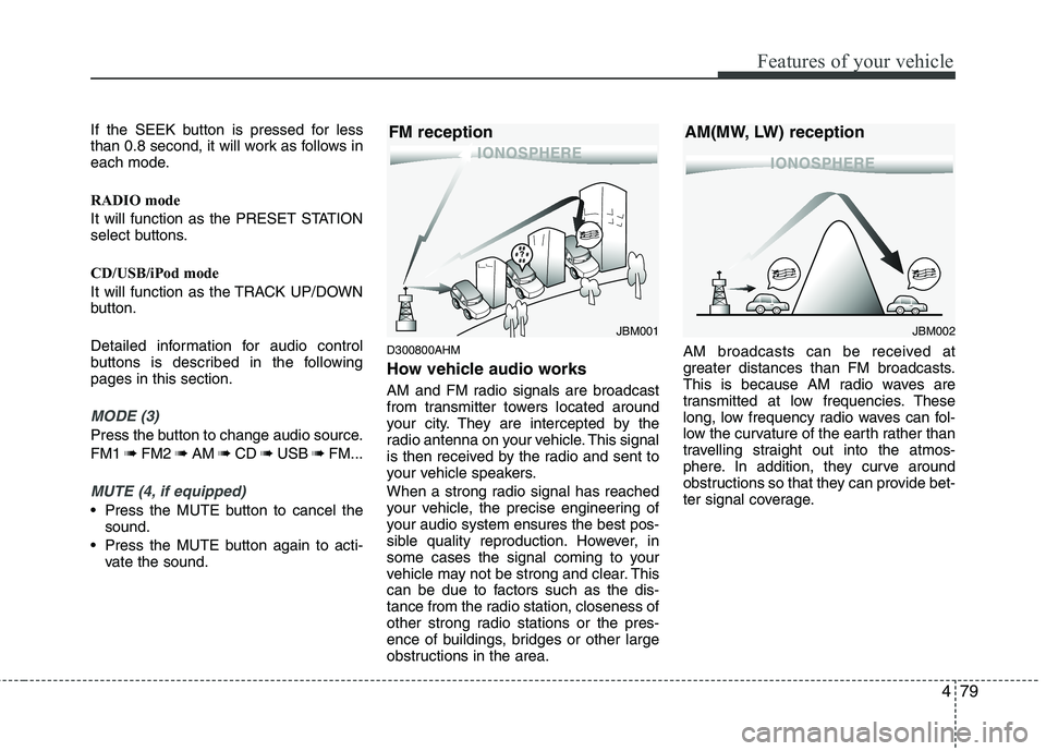 HYUNDAI I10 2008  Owners Manual 479
Features of your vehicle
If the SEEK button is pressed for less 
than 0.8 second, it will work as follows in
each mode. 
RADIO mode 
It will function as the PRESET STATION 
select buttons. 
CD/USB
