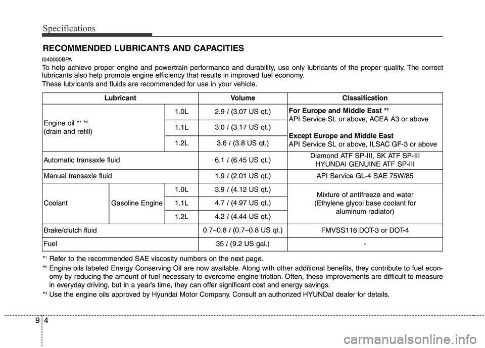 HYUNDAI I10 2007  Owners Manual Specifications
4
9
RECOMMENDED LUBRICANTS AND CAPACITIES
I040000BPA 
To help achieve proper engine and powertrain performance and durability, use only lubricants of the proper quality. The correct 
lu