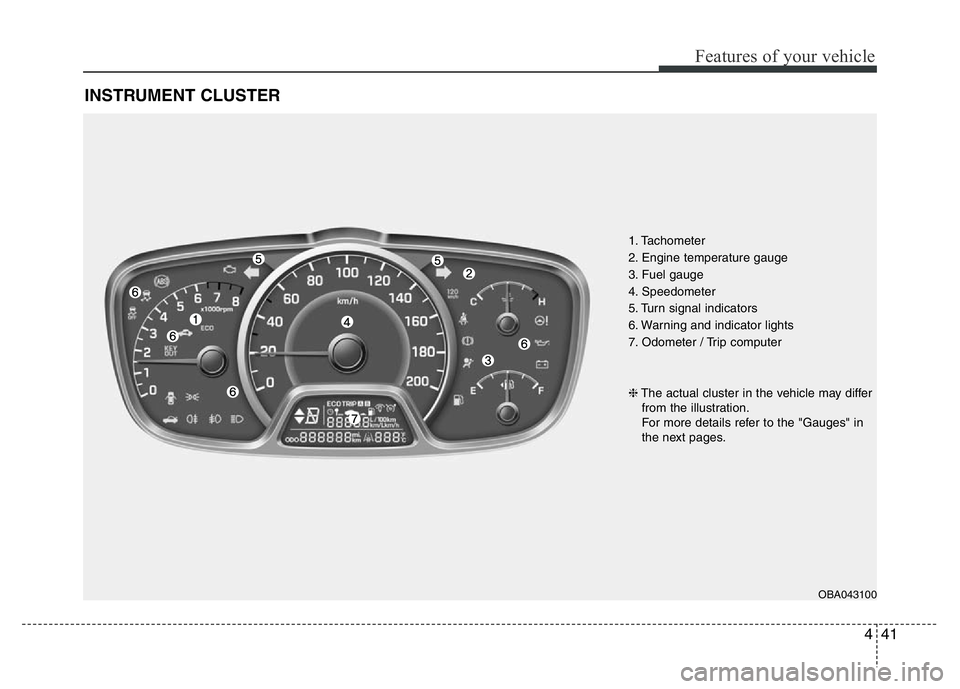 HYUNDAI I10 2013  Owners Manual 441
Features of your vehicle
INSTRUMENT CLUSTER
1. Tachometer 
2. Engine temperature gauge
3. Fuel gauge
4. Speedometer
5. Turn signal indicators
6. Warning and indicator lights
7. Odometer / Trip com