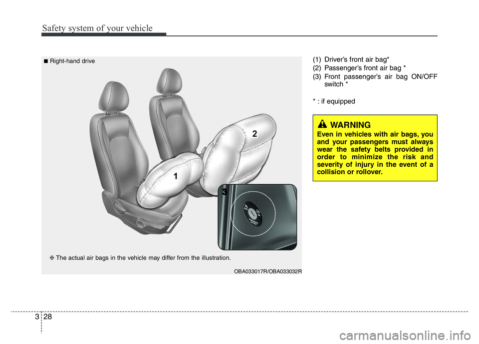 HYUNDAI I10 2013  Owners Manual Safety system of your vehicle
28 3
(1) Driver’s front air bag*
(2) Passenger’s front air bag *
(3) Front passenger’s air bag ON/OFF
switch *
* : if equipped
WARNING
Even in vehicles with air bag