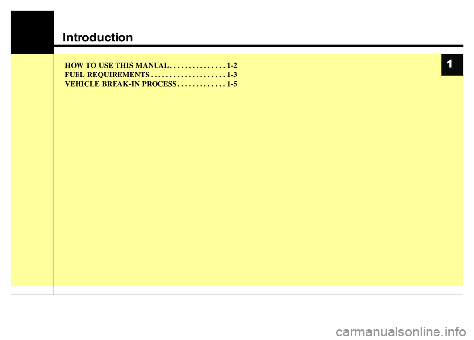 HYUNDAI I10 2013  Owners Manual Introduction
HOW TO USE THIS MANUAL . . . . . . . . . . . . . . . 1-2
FUEL REQUIREMENTS . . . . . . . . . . . . . . . . . . . . 1-3
VEHICLE BREAK-IN PROCESS . . . . . . . . . . . . . 1-51 