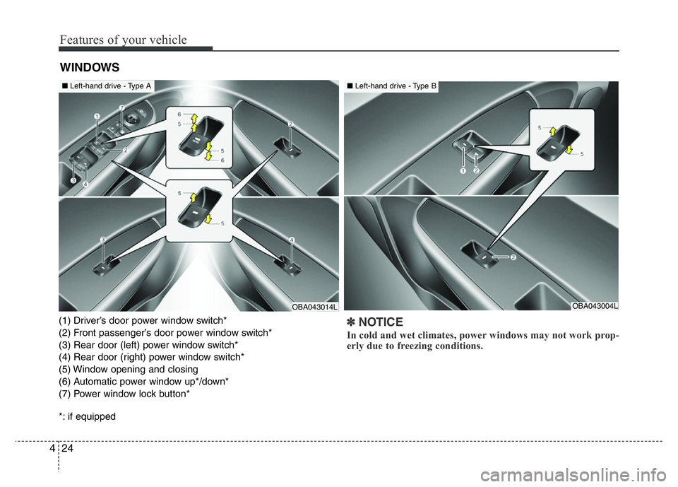 HYUNDAI I10 2013  Owners Manual Features of your vehicle
24 4
(1) Driver’s door power window switch*
(2) Front passenger’s door power window switch*
(3) Rear door (left) power window switch*
(4) Rear door (right) power window sw