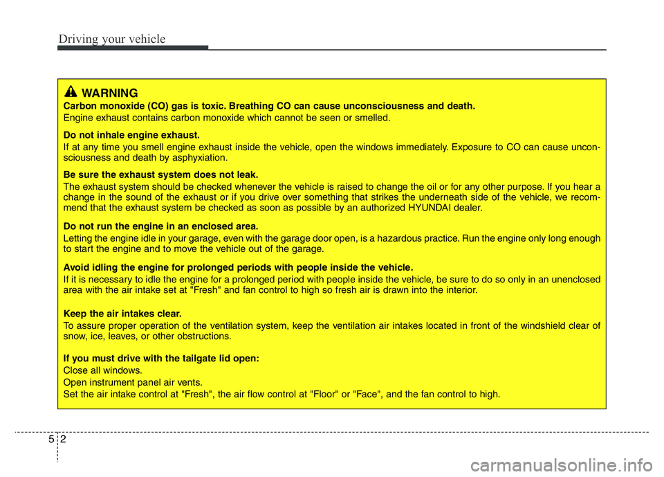 HYUNDAI I10 2015  Owners Manual Driving your vehicle
2 5
WARNING
Carbon monoxide (CO) gas is toxic. Breathing CO can cause unconsciousness and death.
Engine exhaust contains carbon monoxide which cannot be seen or smelled.
Do not in
