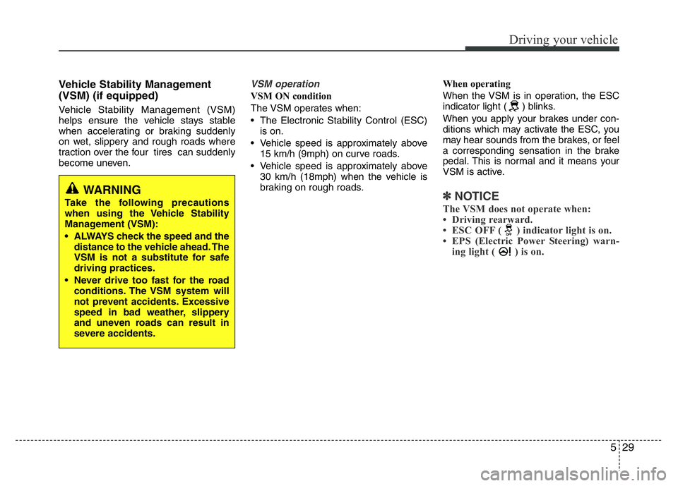 HYUNDAI I10 2015  Owners Manual 529
Driving your vehicle
Vehicle Stability Management
(VSM) (if equipped)  
Vehicle Stability Management (VSM)
helps ensure the vehicle stays stable
when accelerating or braking suddenly
on wet, slipp