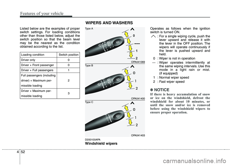 HYUNDAI I10 2010  Owners Manual Features of your vehicle
52
4
Listed below are the examples of proper 
switch settings. For loading conditions
other than those listed below, adjust the
switch position so that the beam level
may be t