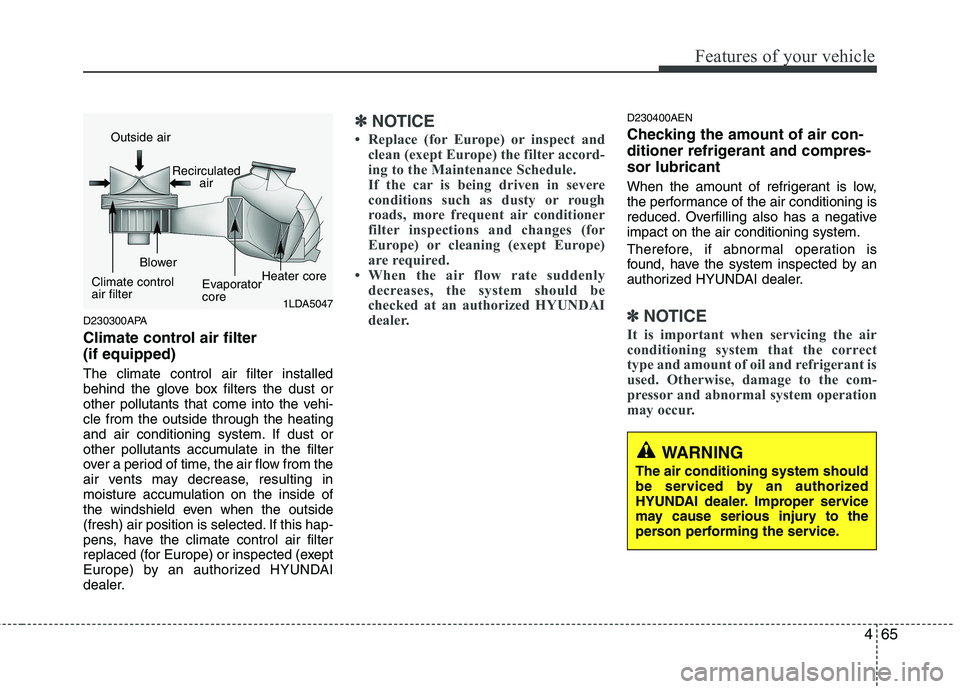 HYUNDAI I10 2010  Owners Manual 465
Features of your vehicle
D230300APA 
Climate control air filter  (if equipped) The climate control air filter installed 
behind the glove box filters the dust or
other pollutants that come into th