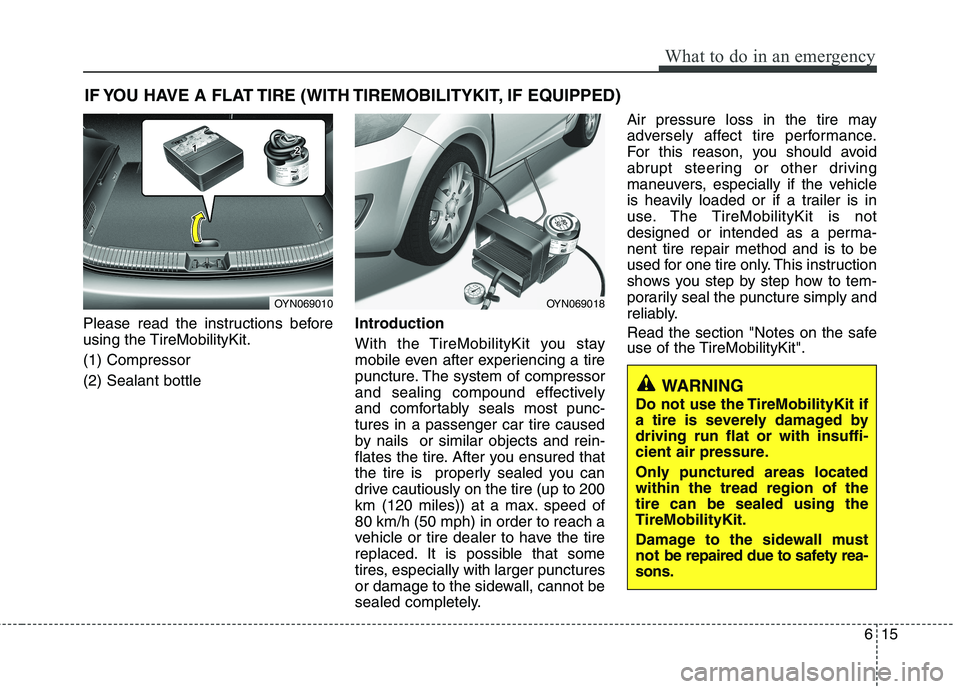 HYUNDAI I10 2010  Owners Manual 615
What to do in an emergency
IF YOU HAVE A FLAT TIRE (WITH TIREMOBILITYKIT, IF EQUIPPED)
Please read the instructions before 
using the TireMobilityKit. (1) Compressor(2) Sealant bottle Introduction