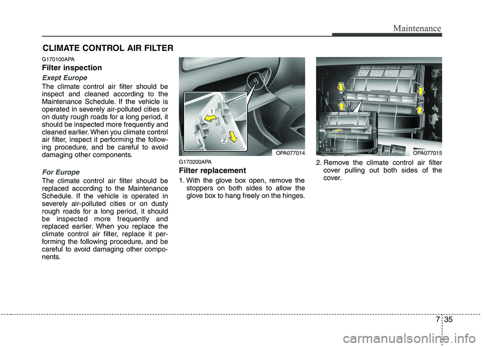 HYUNDAI I10 2010  Owners Manual 735
Maintenance
CLIMATE CONTROL AIR FILTER
G170100APA Filter inspection
Exept Europe
The climate control air filter should be inspect and cleaned according to the
Maintenance Schedule. If the vehicle 