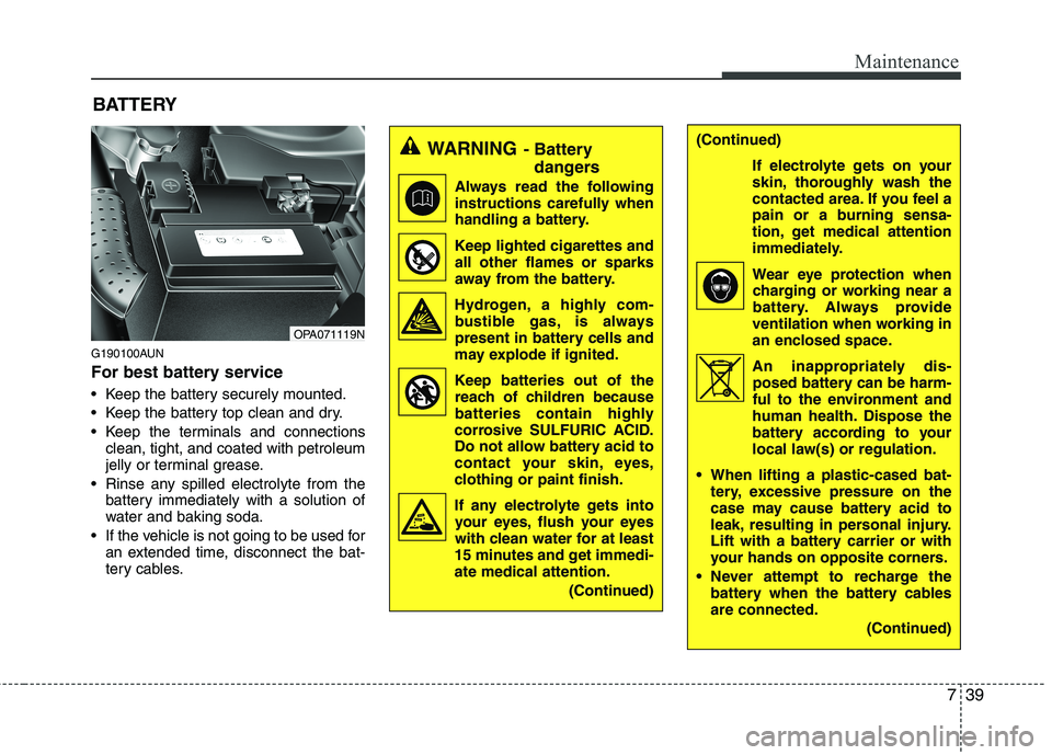HYUNDAI I10 2010  Owners Manual 739
Maintenance
G190100AUN 
For best battery service 
 Keep the battery securely mounted. 
 Keep the battery top clean and dry.
 Keep the terminals and connectionsclean, tight, and coated with petrole