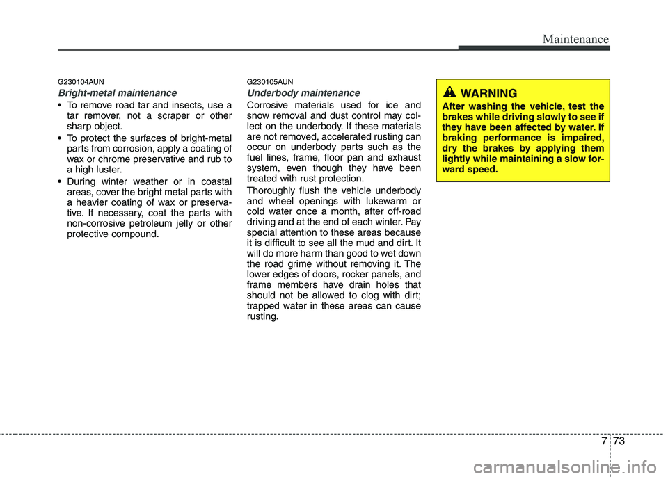 HYUNDAI I10 2010  Owners Manual 773
Maintenance
G230104AUN
Bright-metal maintenance
 To remove road tar and insects, use atar remover, not a scraper or other 
sharp object.
 To protect the surfaces of bright-metal parts from corrosi