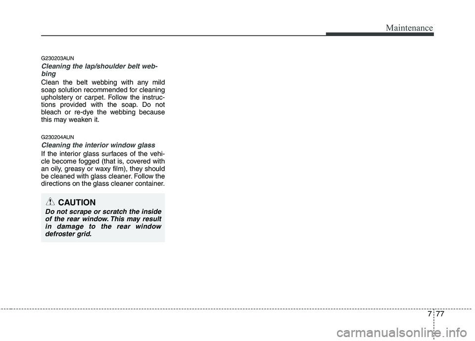 HYUNDAI I10 2010  Owners Manual 777
Maintenance
G230203AUN
Cleaning the lap/shoulder belt web-bing  
Clean the belt webbing with any mild 
soap solution recommended for cleaning
upholstery or carpet. Follow the instruc-
tions provid