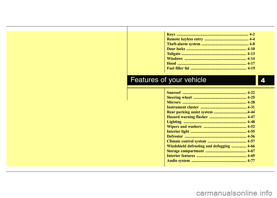 HYUNDAI I10 2010  Owners Manual 4
Keys ........................................................................ 4-2 
Remote keyless entry  ............................................ 4-4
Theft-alarm system .........................