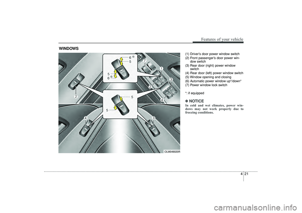 HYUNDAI IX35 2016  Owners Manual 421
Features of your vehicle
(1) Driver’s door power window switch
(2) Front passenger’s door power win-dow switch
(3) Rear door (right) power window switch
(4) Rear door (left) power window switc