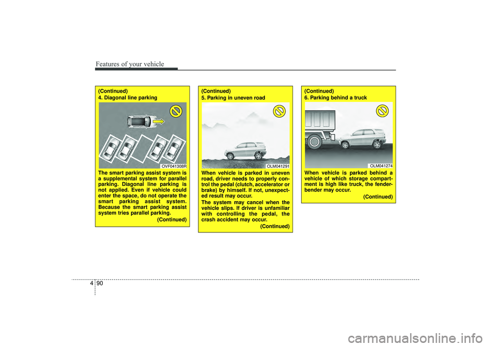 HYUNDAI IX35 2016  Owners Manual Features of your vehicle90
4(Continued)
4. Diagonal line parking
The smart parking assist system is
a supplemental system for parallel
parking. Diagonal line parking is
not applied. Even if vehicle co