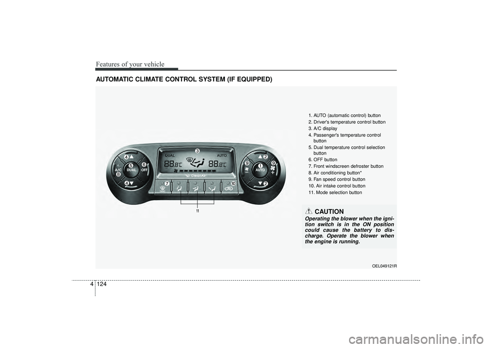 HYUNDAI IX35 2016  Owners Manual Features of your vehicle124
4AUTOMATIC CLIMATE CONTROL SYSTEM (IF EQUIPPED)
OEL049121R
1. AUTO (automatic control) button
2. Drivers temperature control button
3. A/C display
4. Passengers temperatu