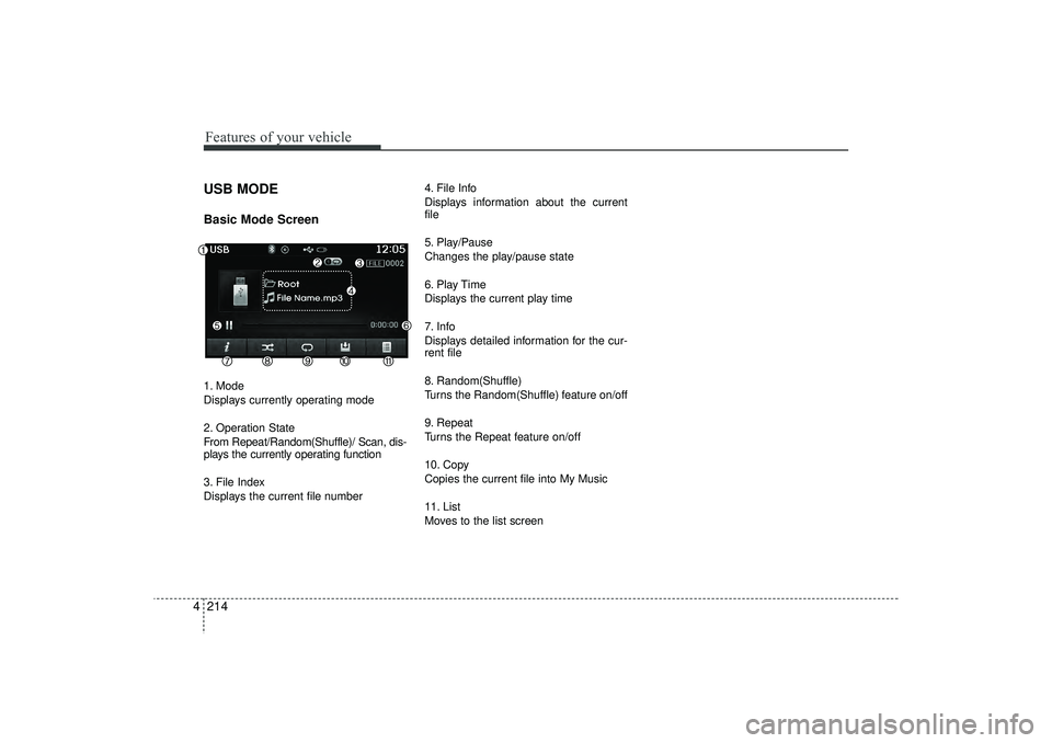 HYUNDAI IX35 2016  Owners Manual Features of your vehicle214
4USB MODE Basic Mode Screen1. Mode
Displays currently operating mode
2. Operation State
From Repeat/Random(Shuffle)/ Scan, dis-
plays the currently operating function
3. Fi