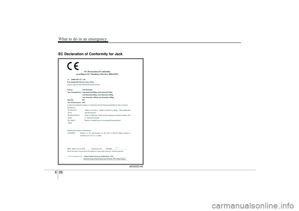HYUNDAI IX35 2016  Owners Manual What to do in an emergency26
6EC Declaration of Conformity for Jack
JACKDOC14S
EL(FL) UK 6.QXP  12/16/2014  8:13 PM  Page 26 