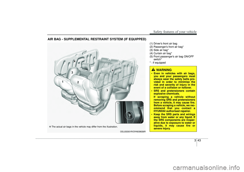 HYUNDAI IX35 2016 Owners Manual 343
Safety features of your vehicle
(1) Driver’s front air bag
(2) Passenger’s front air bag*
(3) Side air bag*
(4) Curtain air bag*
(5) Front passenger’s air bag ON/OFFswitch*
* : if equipped
A HYUNDAI IX35 2016 Owners Manual 343
Safety features of your vehicle
(1) Driver’s front air bag
(2) Passenger’s front air bag*
(3) Side air bag*
(4) Curtain air bag*
(5) Front passenger’s air bag ON/OFFswitch*
* : if equipped
A