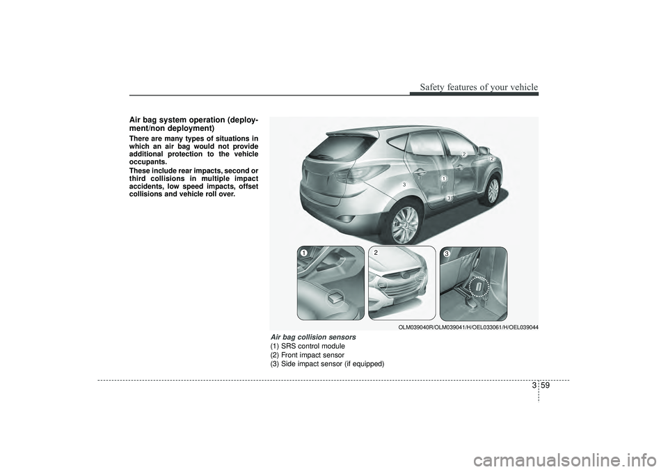 HYUNDAI IX35 2016  Owners Manual 359
Safety features of your vehicle
Air bag system operation (deploy-
ment/non deployment)There are many types of situations in
which an air bag would not provide
additional protection to the vehicle
