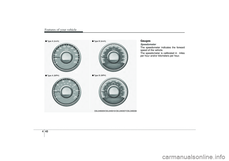HYUNDAI IX35 2015  Owners Manual Features of your vehicle48
4
GaugesSpeedometer  The speedometer indicates the forward
speed of the vehicle.
The speedometer is calibrated in  miles
per hour and/or kilometers per hour.
OEL049309/OEL04