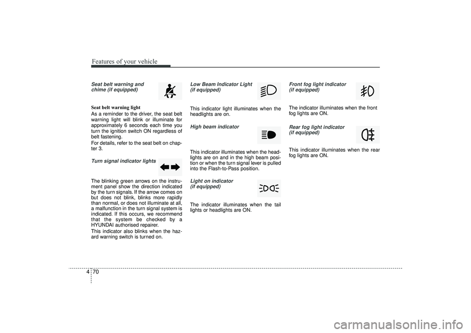 HYUNDAI IX35 2015  Owners Manual Features of your vehicle70
4Seat belt warning and
chime (if equipped)Seat belt warning light
As a reminder to the driver, the seat belt
warning light will blink or illuminate for
approximately 6 secon