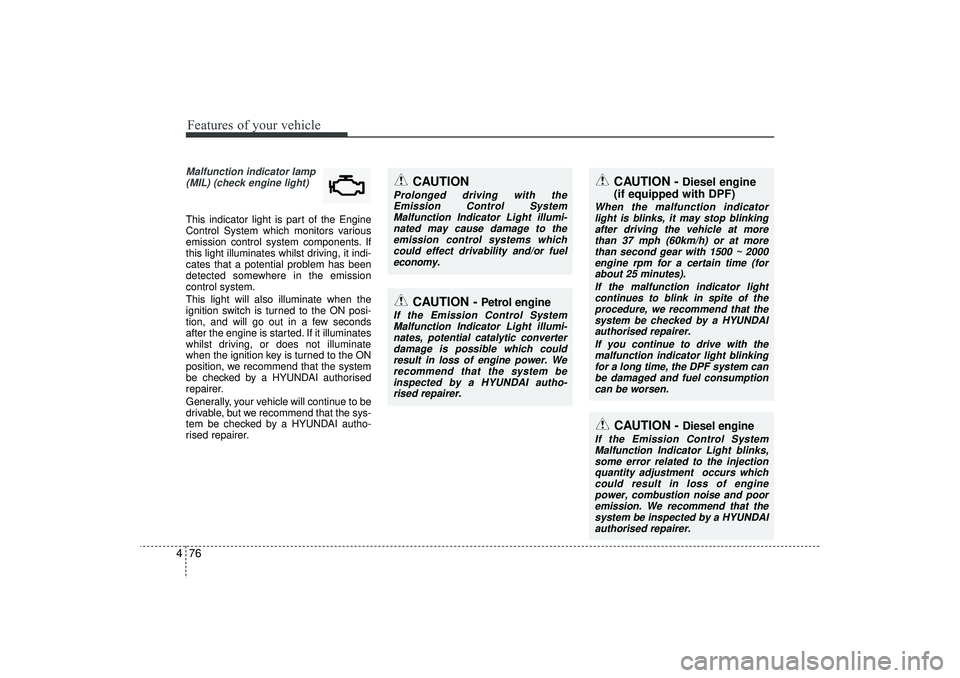 HYUNDAI IX35 2015  Owners Manual Features of your vehicle76
4
CAUTION - 
Diesel engine
If the Emission Control System
Malfunction Indicator Light blinks,some error related to the injectionquantity adjustment  occurs whichcould result