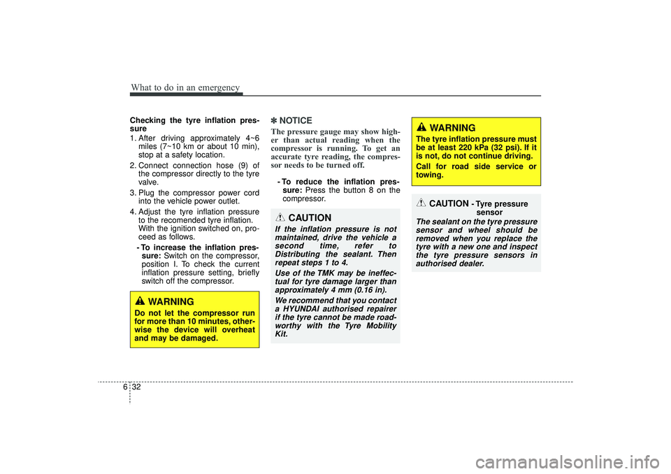 HYUNDAI IX35 2015  Owners Manual What to do in an emergency32
6
CAUTION 
- Tyre  pressure
sensor
The sealant on the tyre pressuresensor and wheel should beremoved when you replace thetyre with a new one and inspectthe tyre pressure s