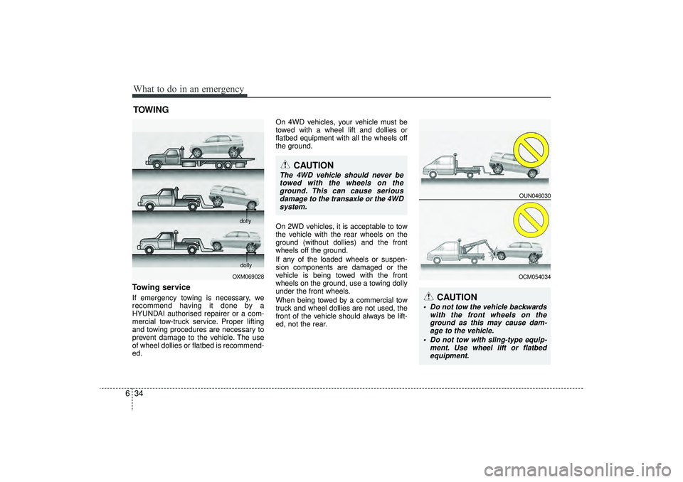HYUNDAI IX35 2015  Owners Manual What to do in an emergency34
6TOWINGTowing serviceIf emergency towing is necessary, we
recommend having it done by a
HYUNDAI authorised repairer or a com-
mercial tow-truck service. Proper lifting
and