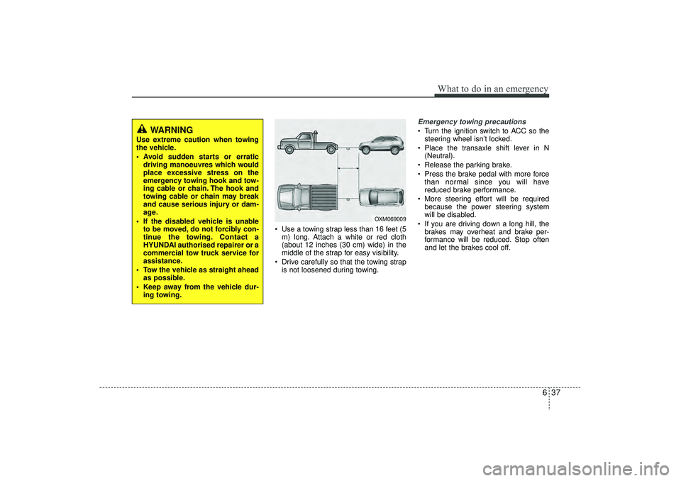 HYUNDAI IX35 2015  Owners Manual 637
What to do in an emergency
 Use a towing strap less than 16 feet (5m) long. Attach a white or red cloth
(about 12 inches (30 cm) wide) in the
middle of the strap for easy visibility.
 Drive care