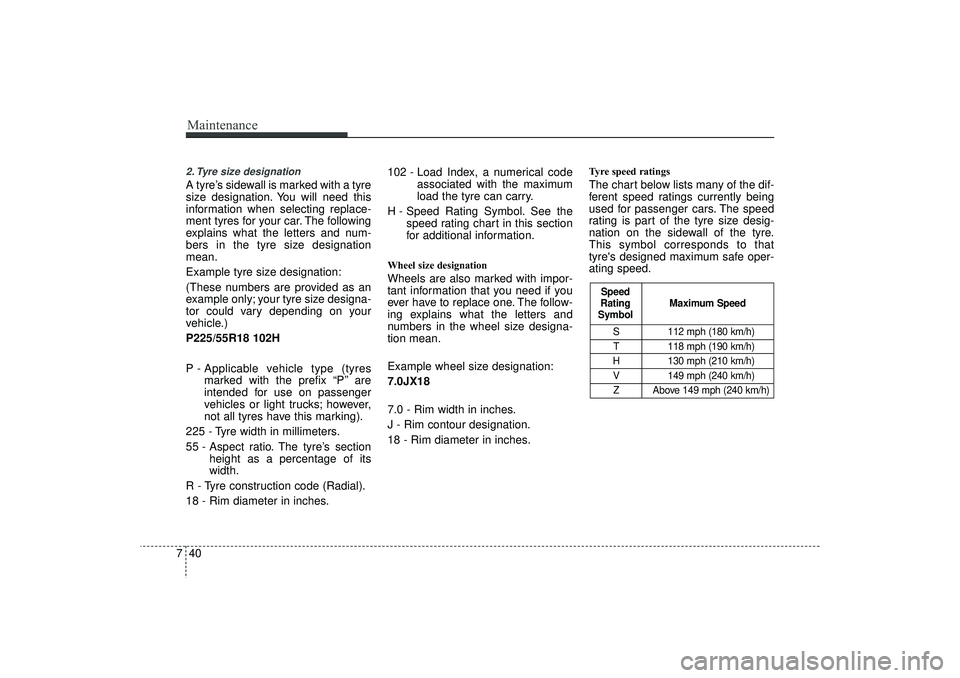 HYUNDAI IX35 2015  Owners Manual Maintenance40
72. Tyre size designation  A tyre’s sidewall is marked with a tyre
size designation. You will need this
information when selecting replace-
ment tyres for your car. The following
expla