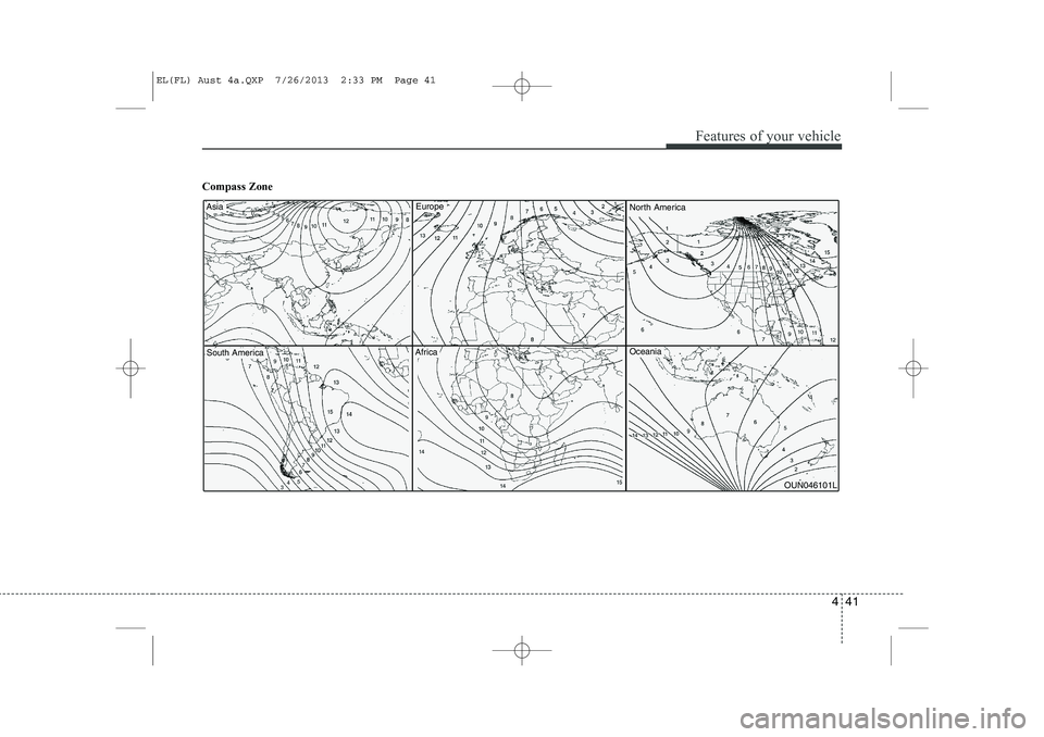 HYUNDAI IX35 2014  Owners Manual 441
Features of your vehicle
Compass Zone
OUN046101L
AsiaEuropeNorth America
South AmericaAfricaOceania
EL(FL) Aust 4a.QXP  7/26/2013  2:33 PM  Page 41  