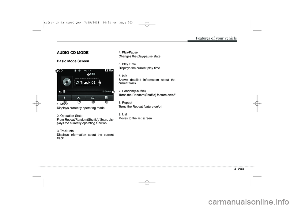 HYUNDAI IX35 2014  Owners Manual 4 203
Features of your vehicle
AUDIO CD MODE Basic Mode Screen 
1. Mode 
Displays currently operating mode 
2. Operation State 
From Repeat/Random(Shuffle)/ Scan, dis- 
plays the currently operating f