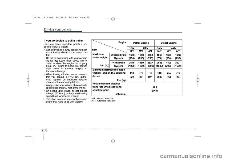 HYUNDAI IX35 2014 Owners Manual Driving your vehicle
72
5
If you do decide to pull a trailer
Here are some important points if you
decide to pull a trailer:
Consider using a sway control. You can
ask a towbar dealer about sway HYUNDAI IX35 2014 Owners Manual Driving your vehicle
72
5
If you do decide to pull a trailer
Here are some important points if you
decide to pull a trailer:
Consider using a sway control. You can
ask a towbar dealer about sway