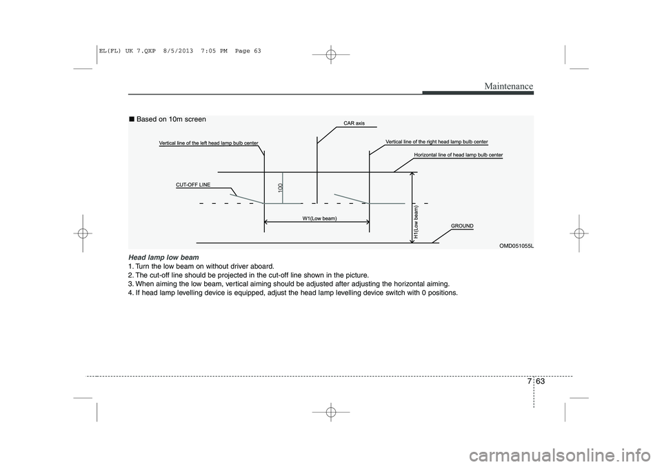 HYUNDAI IX35 2014  Owners Manual 763
Maintenance
Head lamp low beam
1. Turn the low beam on without driver aboard. 
2. The cut-off line should be projected in the cut-off line shown in the picture.
3. When aiming the low beam, vertic