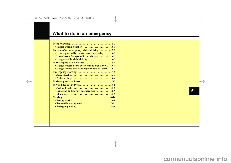 HYUNDAI IX35 2014  Owners Manual What to do in an emergency
Road warning . . . . . . . . . . . . . . . . . . . . . . . . . . . . . . 6-2