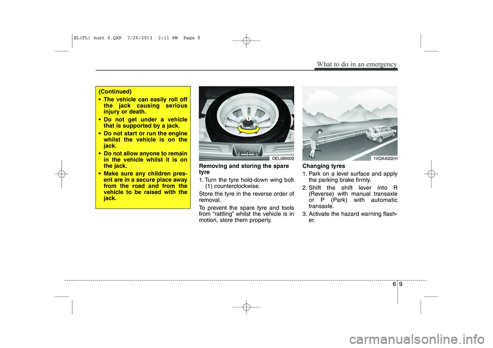 HYUNDAI IX35 2014  Owners Manual 69
What to do in an emergency
Removing and storing the spare tyre   
1. Turn the tyre hold-down wing bolt(1) counterclockwise.
Store the tyre in the reverse order of 
removal. 
To prevent the spare ty
