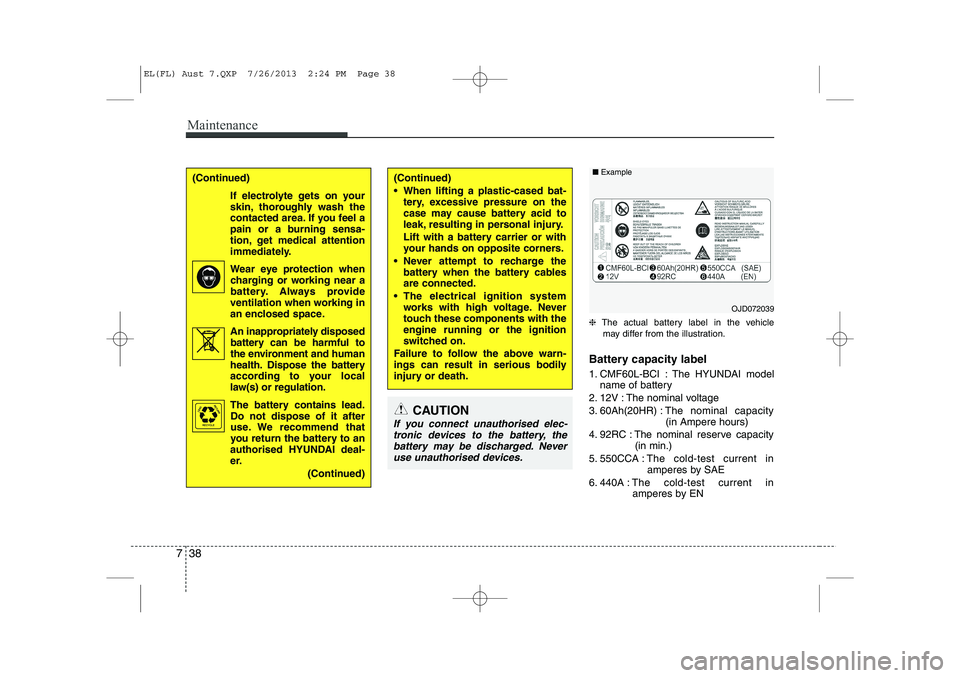 HYUNDAI IX35 2014 Owners Manual Maintenance
38
7
❈ The actual battery label in the vehicle
may differ from the illustration.
Battery capacity label
1. CMF60L-BCI : The HYUNDAI model name of battery
2. 12V : The nominal voltage
HYUNDAI IX35 2014 Owners Manual Maintenance
38
7
❈ The actual battery label in the vehicle
may differ from the illustration.
Battery capacity label
1. CMF60L-BCI : The HYUNDAI model name of battery
2. 12V : The nominal voltage