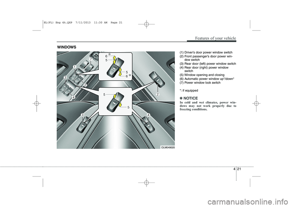 HYUNDAI IX35 2014  Owners Manual 421
Features of your vehicle
(1) Driver’s door power window switch 
(2) Front passenger’s door power win-dow switch
(3) Rear door (left) power window switch
(4) Rear door (right) power window swit