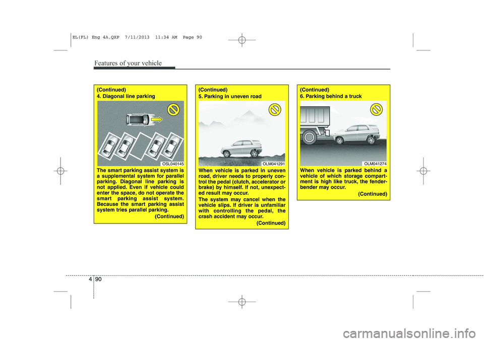 HYUNDAI IX35 2014  Owners Manual Features of your vehicle
90
4
(Continued) 
4. Diagonal line parking 
The smart parking assist system is 
a supplemental system for parallel
parking. Diagonal line parking is
not applied. Even if vehic