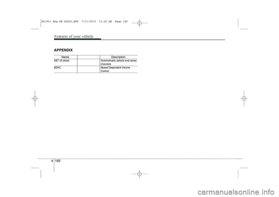 HYUNDAI IX35 2014  Owners Manual Features of your vehicle
192
4
APPENDIX
Name Description
AST (A.store) Automatically selects and saves
channels 
SDVC Speed Dependent Volume
Control
EL(FL) Eng 4B AUDIO.QXP  7/11/2013  11:20 AM  Page 